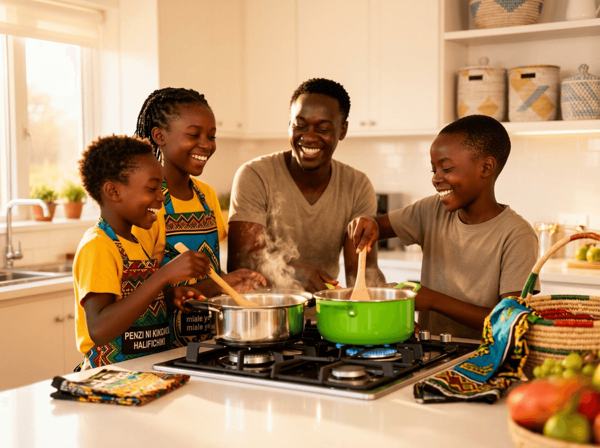 Tanzanian family cooking together with a clean LPG gas stove